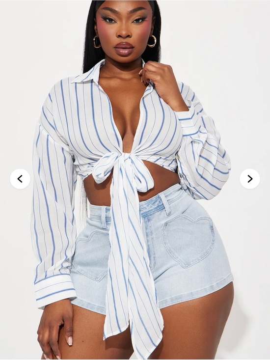 Fashion Nova Tops - Fashion Nova Blue & White Striped Tie-Front Crop Shirt